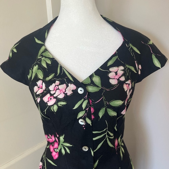VTG 90S DRESSBARN moody pink Floral Black button dress cross back sz 8 50s 60s - Picture 2 of 11
